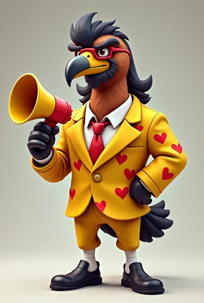 Cartoon hawk dressed like WWE wrestling manager Jimmy mouth of the South hart.
Cartoon hawk face, cartoon hawk hands. Black mustache, black mullet hair, short black beard. Red sunglasses. yellow suit ordained with red hearts. Yellow pants.White socks. Black dress shoes. Holding a yellow and red megaphone