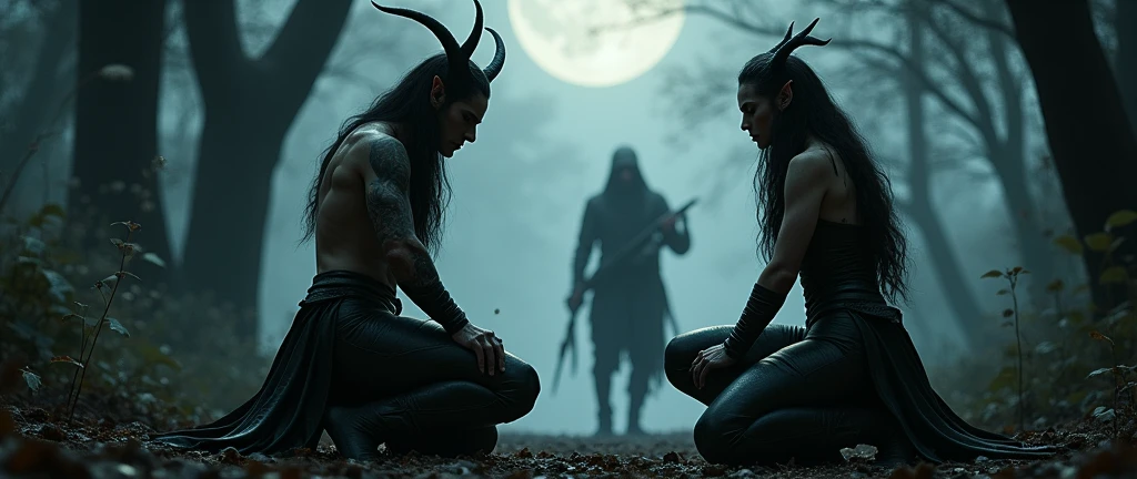 Two fierce, seductive dark elves kneel in a shadowy forest, illuminated by a full moon. One leans forward defiantly, while the other watches menacingly. A third elf lurks in the shadows, armed and vigilant. The scene is rich in mysterious tension, with dramatic lighting accentuating their dark leather armor and toned bodies, creating a fantastical realism.