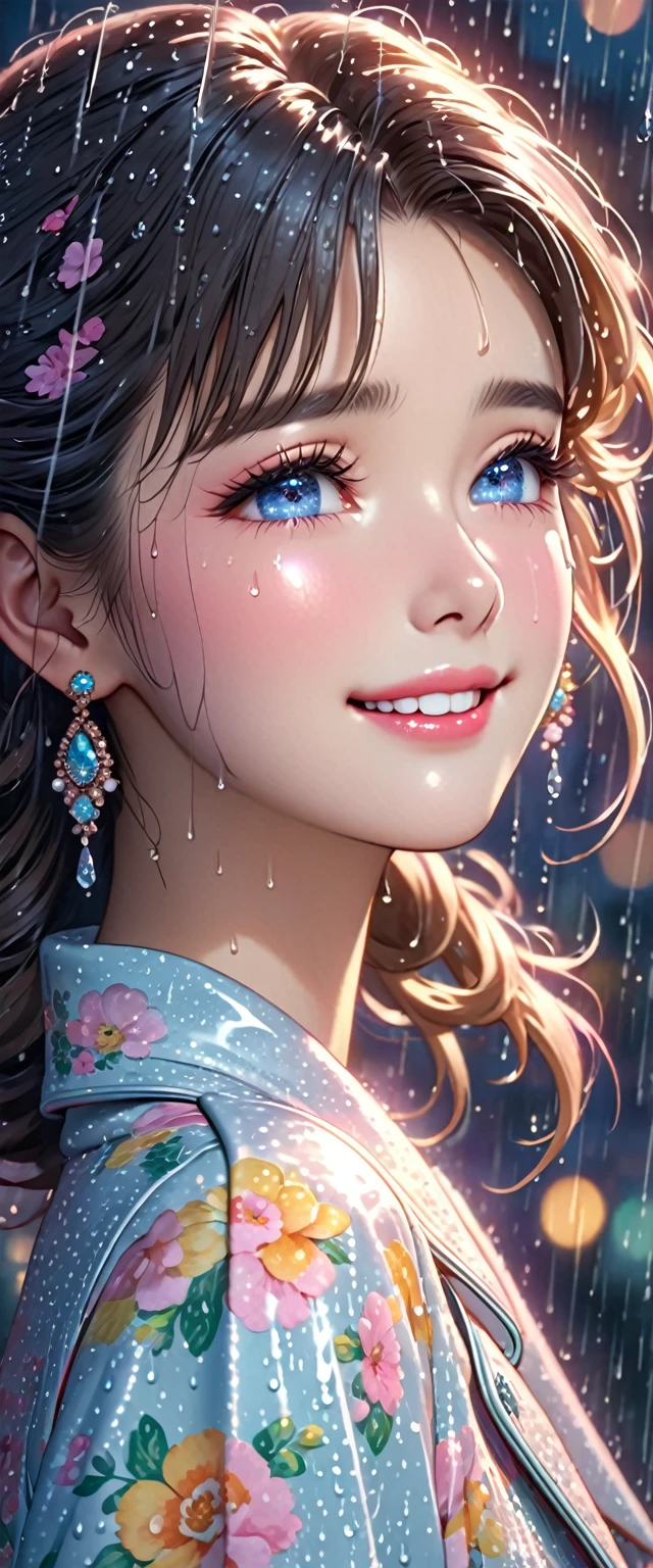 best quality, highres, ultra-detailed, realistic:1.37, vibrant colors, portrait, soft lighting, long eyelashes, sparkling eyes, glossy lips, detailed skin, retro pattern, pastel colors, ((smile while crying1.2)), ((shedding tears:1.8)),, sad look, dreamy atmosphere, elegant pose, nostalgic vibes, glittering highlights, flawless complexion, 80s style fashion, retro hairdo, pink blush, delicate features, diamond-like eyes,((rain squall:2.5)),((Dark city silhouette background:2.0))