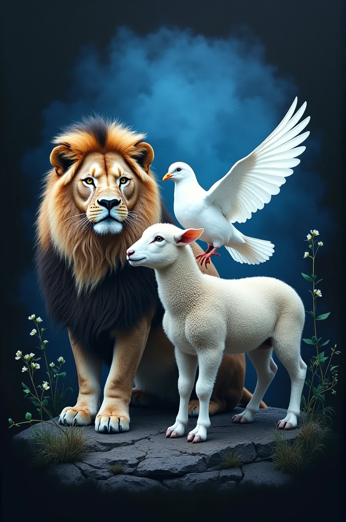 Create an image on a black and sky blue shirt of a white dove, a lion, and a lamb