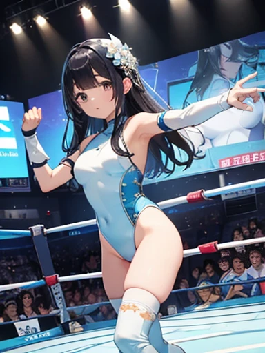 Highest quality、Very delicate and beautiful、I、I、Idol、、Japanese、On top of that、Chiquita、Black-haired、((White and light blue leotard))、、Standing in the wrestling ring、Wrestling boots,discovery,Professional wrestling matches