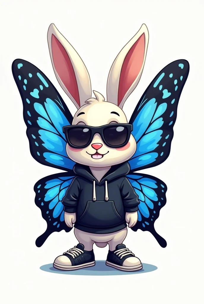 Create a simple logo of "Rabbit with stylish blue and black dorsal butterfly wings, wearing hoodies, sunglasses and shoes"