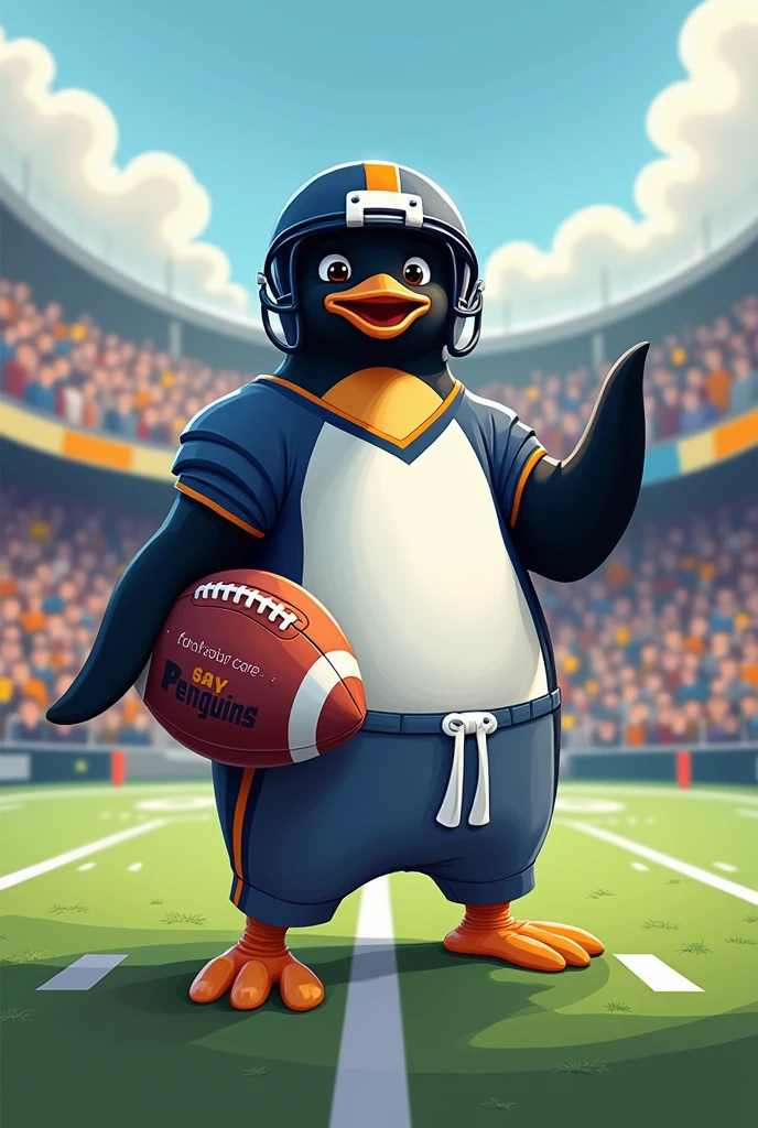 A penguin wearing an American football uniform and carrying an American football that says “penguins”