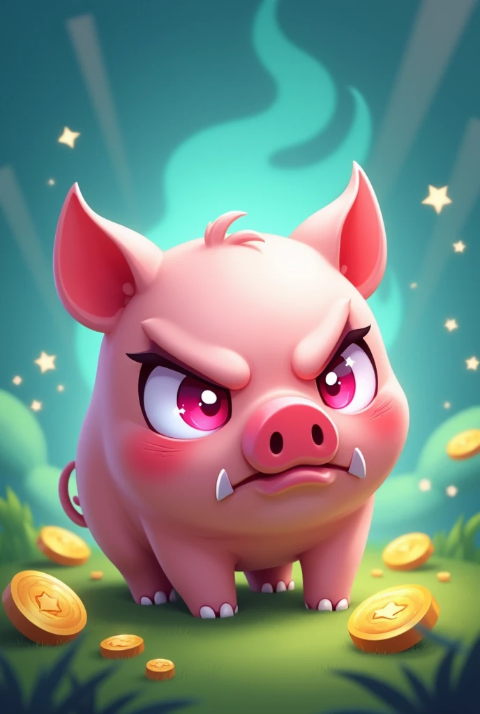 Pig looks small, pastel pink color, large eyes, shiny and strong pink in the eyes, eyelashes, blushing, an angry expression with 2 small fangs, gold coins and gems, In the background put a green background with blue and stars, Make the design like the Brawl Stars characters, 2d, Brawl tsras