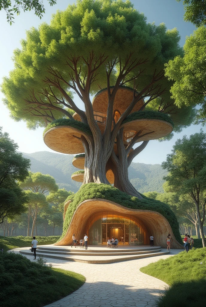 Public space or building in the shape of a molle tree that is functional and with good morphology and natural lighting 