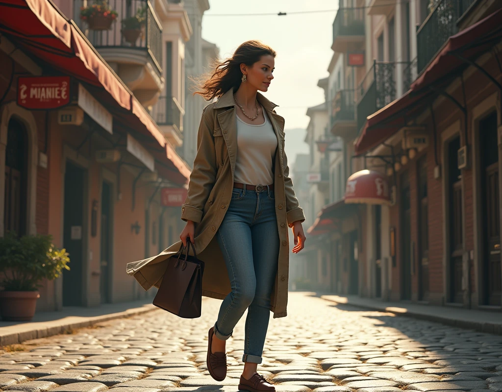 A left side profile view of a full body woman, walking down a street, carrying a bag in left hand, photorealistic, masterpiece, 8k, ultra-detailed, realistic lighting, vibrant colors, urban environment, detailed architecture, cobblestone street, overcast sky, warm lighting