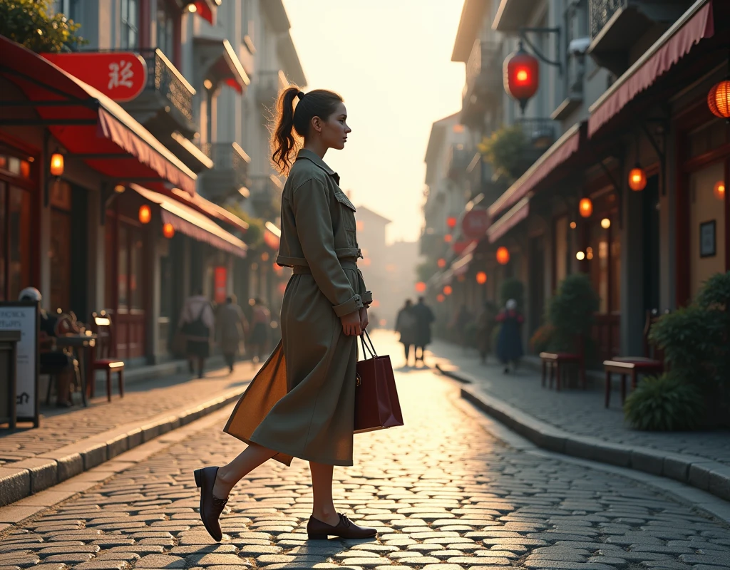 A left side profile view of a full body woman, walking down a street, carrying a bag in left hand, photorealistic, masterpiece, 8k, ultra-detailed, realistic lighting, vibrant colors, urban environment, detailed architecture, cobblestone street, overcast sky, warm lighting