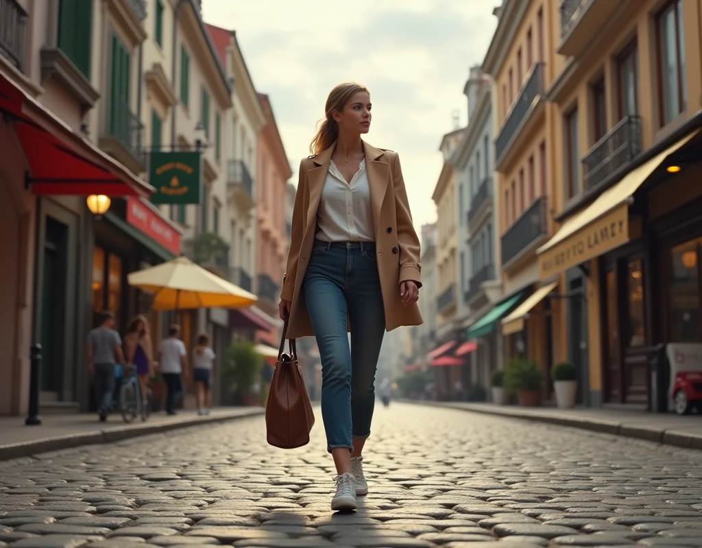A left side profile view of a full body woman, walking down a street, carrying a bag in left hand, photorealistic, masterpiece, 8k, ultra-detailed, realistic lighting, vibrant colors, urban environment, detailed architecture, cobblestone street, overcast sky, warm lighting