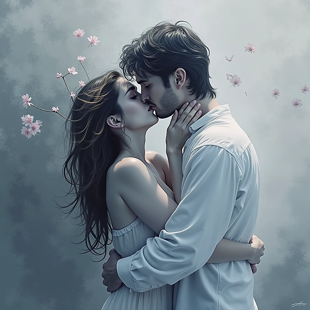 A man and a woman, lost in a passionate embrace, their lips meeting in a tender kiss. The image is rendered in a dreamy, ethereal style, capturing the essence of love and intimacy. The background is a soft, ethereal blur, creating a sense of depth and mystery.

[A romantic portrait capturing the essence of love and intimacy, reminiscent of the work of  Greg Rutkowski], [Soft, diffused lighting, highlighting the textures of the couple's skin and hair, with a blurred background, creating a sense of depth and mystery. The colors are muted and ethereal, evoking a sense of romance and longing.]