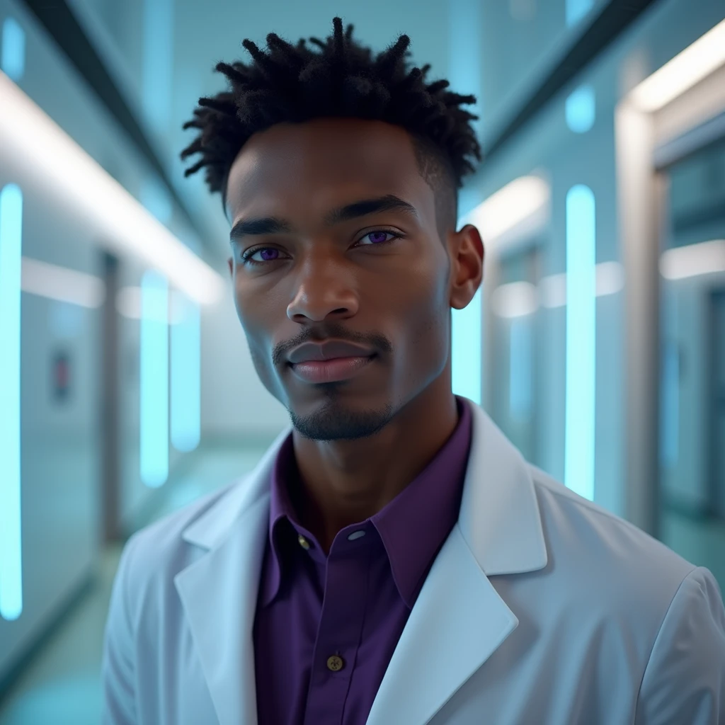 Photograph headshot of a very tall French-Nubian featured male model, chin length wavy hair parted to the side hair, shaved chin, shaved upper lip, toned body, ebony skin, vibrant purple eyes, tall thin toned body. Kind expression. Doctor coat, dark purple shirt, modern scifi hospital.