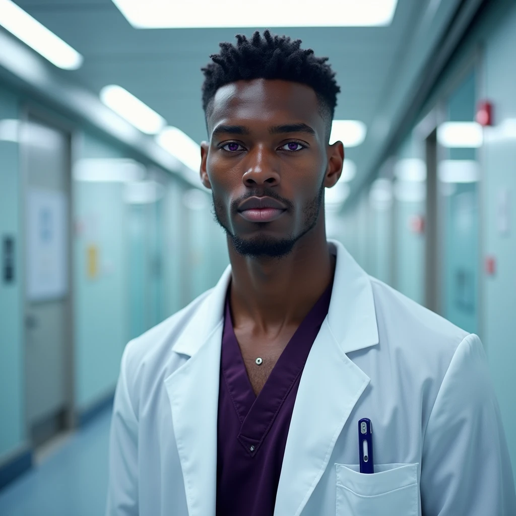 Photograph headshot of a very tall French-Nubian featured male model, chin length wavy hair parted to the side hair, shaved chin, shaved upper lip, toned body, ebony skin, vibrant purple eyes, tall thin toned body. Kind expression. Doctor coat, dark purple shirt, modern scifi hospital.