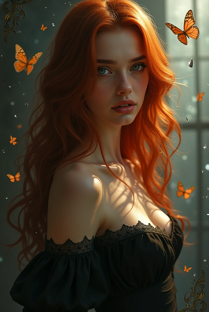 (solo, full body photo:1.3), (action packed:1.3), (haze, fog, mist:1.3), chiaroscuro, best quality, photorealistic, 1woman, (cute), (24yo:1.2), redhead, long ginger hair highly detailed, 1700'S, digital photography, art by artgerm and ruan jia and greg rutkowski surreal painting gold butterfly filigree, broken glass, (masterpiece, sidelighting, finely detailed Fashionable eyes: 1.2) (perfect oval large eyes that gazes at the viewer), beautiful detailed face, blue gorgeous perfect eyes, (blonde hair ponytail), (attractive young woman:1.3), (thick amazing hair), (seductive:1.1), (blushing:1.1)