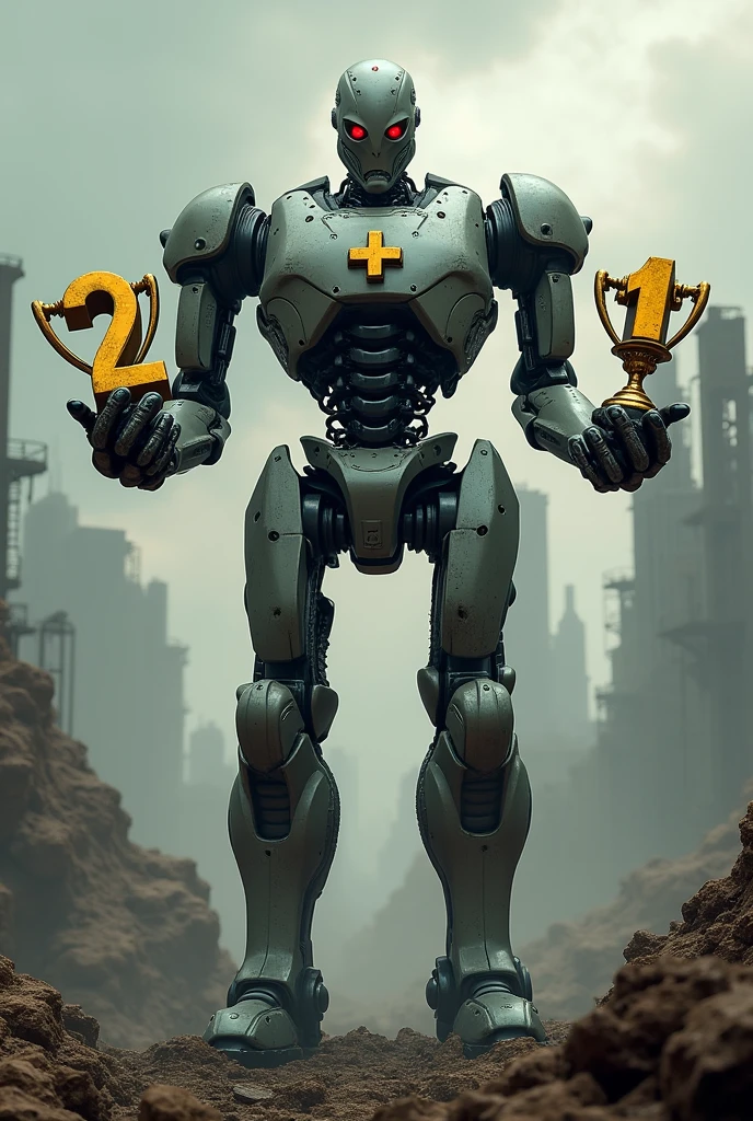 terminator robot, holding a trophy shaped like the number two, a trophy shaped like a plus sign and a trophy shaped like the number one, the background is apocalyptic futuristic , on the robot's chest there is a plus sign