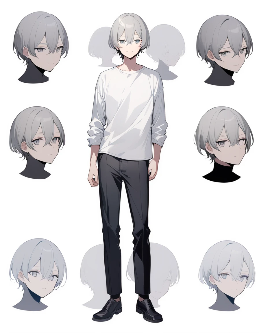 good looking, alone, 1 male, Medium Hair, White eyes， Gray Hair, White shirt, Black trousers、Bangs between the eyes, Standing front view、whole body、No Shadow、smile、Mouth open、No background