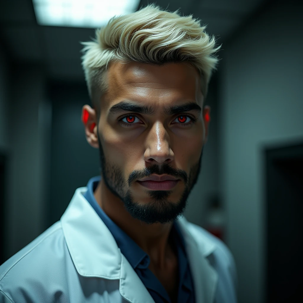 Photograph headshot of a very tall Arab-Egyptian featured male model, short layered textured platinum blond wavy swept back hair, long black stubble, lithe body, brown skin, vibrant red eyes, tall toned body. Professional expression. Lab coat, dim fluorescent lighting.