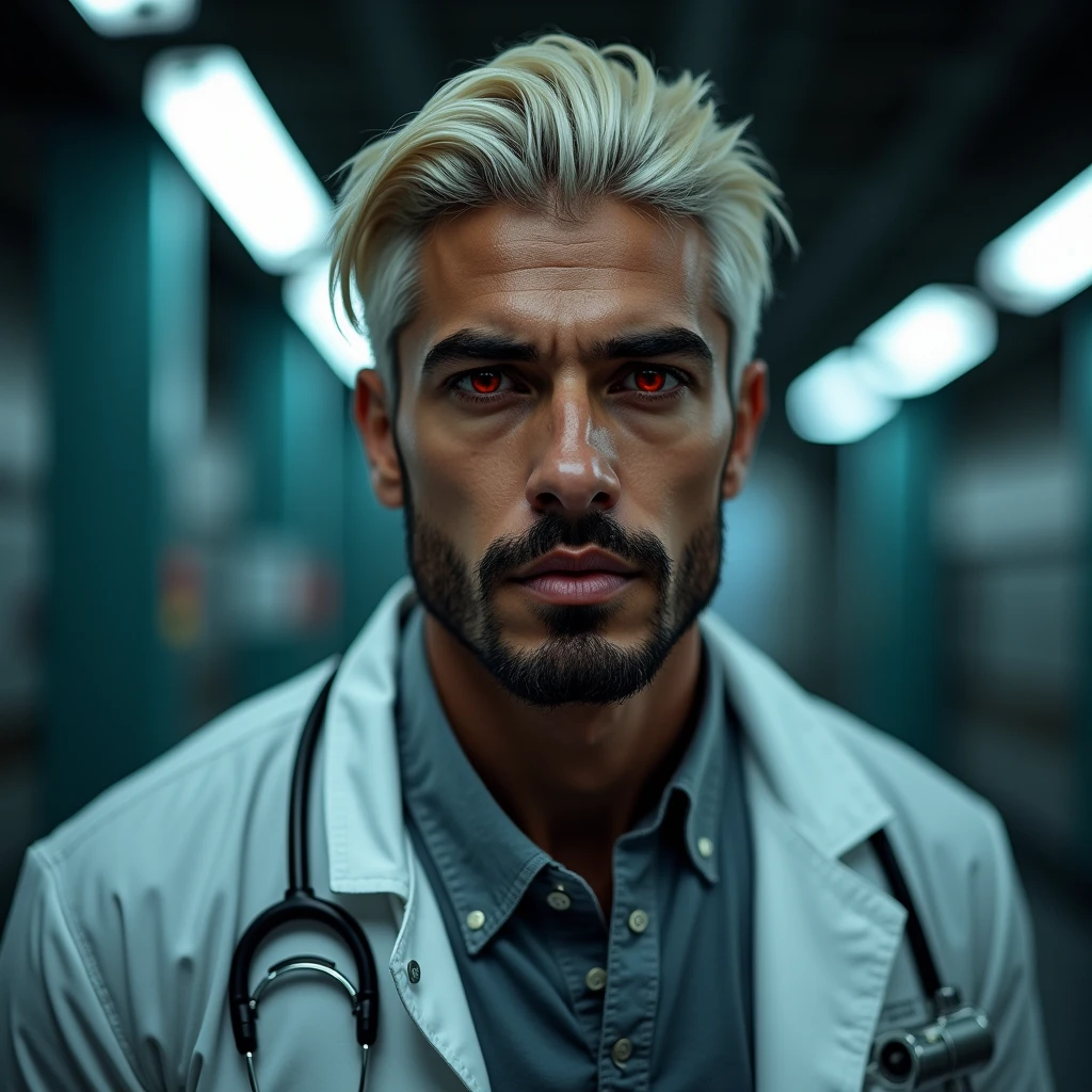 Photograph headshot of a very tall Arab-Egyptian featured male model, short layered textured platinum blond wavy swept back hair, long black stubble, lithe body, brown skin, vibrant red eyes, tall toned body. Professional expression. Lab coat, dim fluorescent lighting.