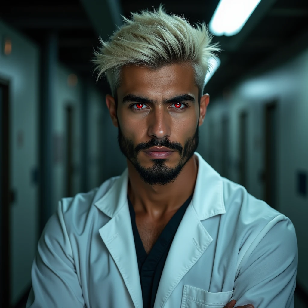 Photograph headshot of a very tall Arab-Egyptian featured male model, short layered textured platinum blond wavy swept back hair, long black stubble, lithe body, brown skin, vibrant red eyes, tall toned body. Professional expression. Lab coat, dim fluorescent lighting.