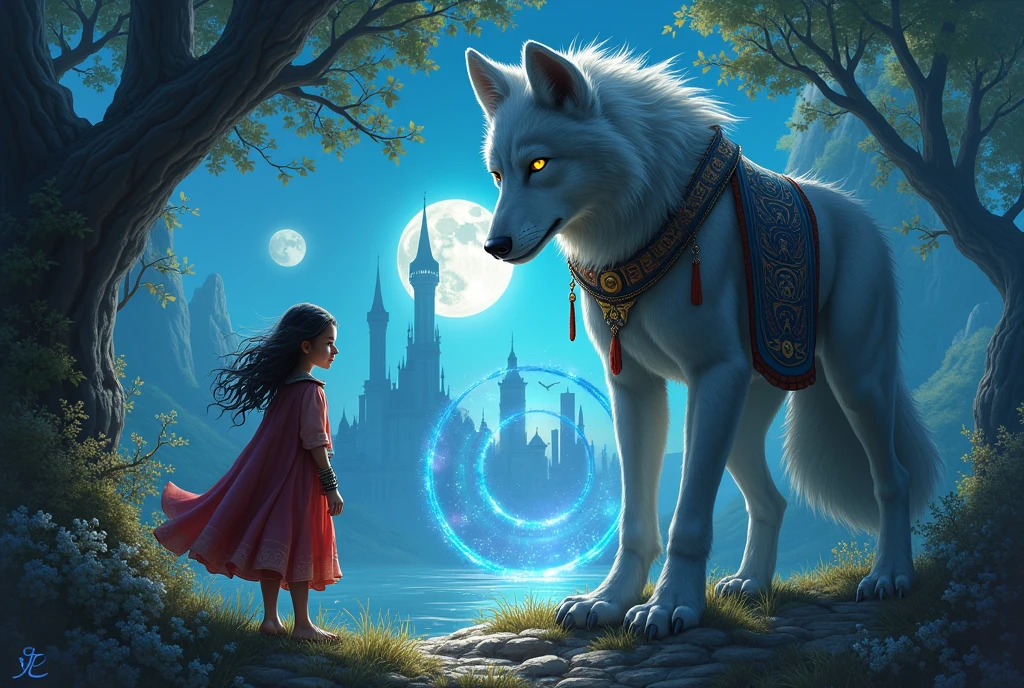 A girl who goes on an adventure in the moonlit land with a werewolf king dressed in an ancient warrior costume. There is a palace in this land and a dimensional gate under the roots of a giant tree. There are two moons in the sky. I want it to be a fantasy novel and a horizontal picture.