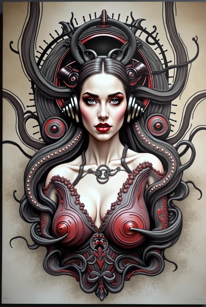 Lovecraftian Lady gaga, sexy cyborg body part, magazine cover, poster art , Lovecraftian creative creatures, hint of vibrant, bold huge text, matted design layout. technological elements, cosmic dread, noise background