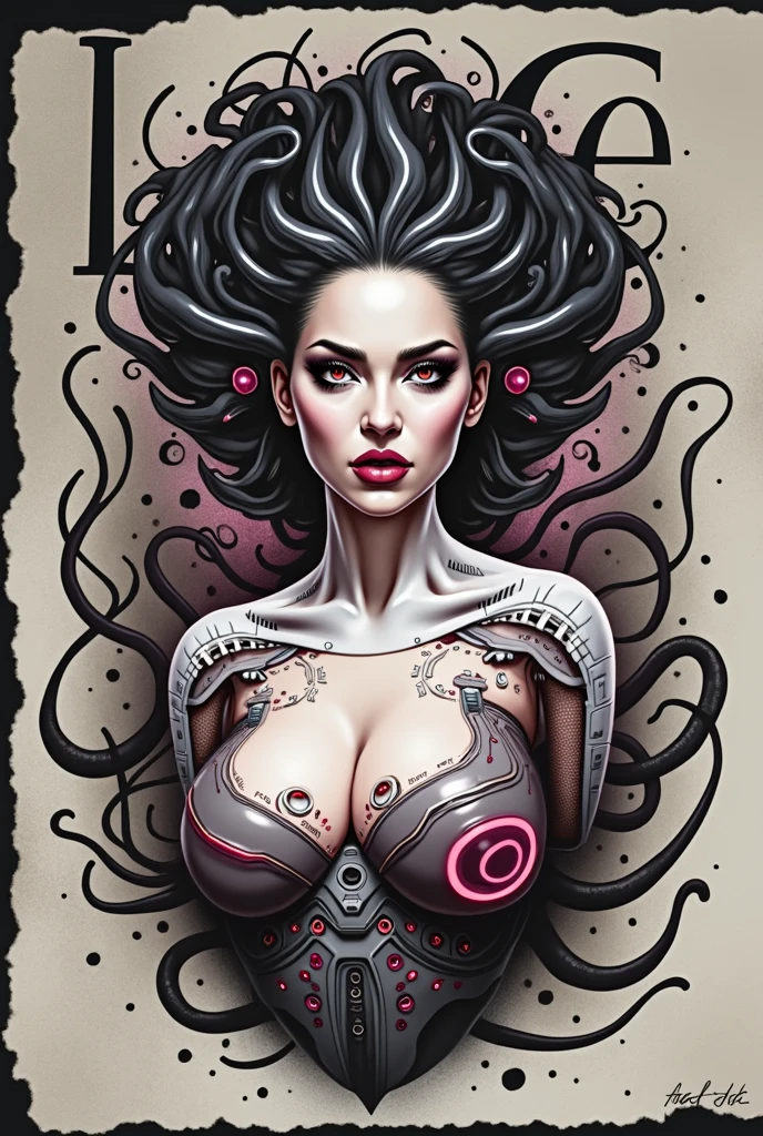 Stunningly gorgeous beautiful perfect hr giger tattooed sexy seductive demonic girl, perfect face, hyper detailed neon ruby, large breasts, full body view, nude, no color black and white only