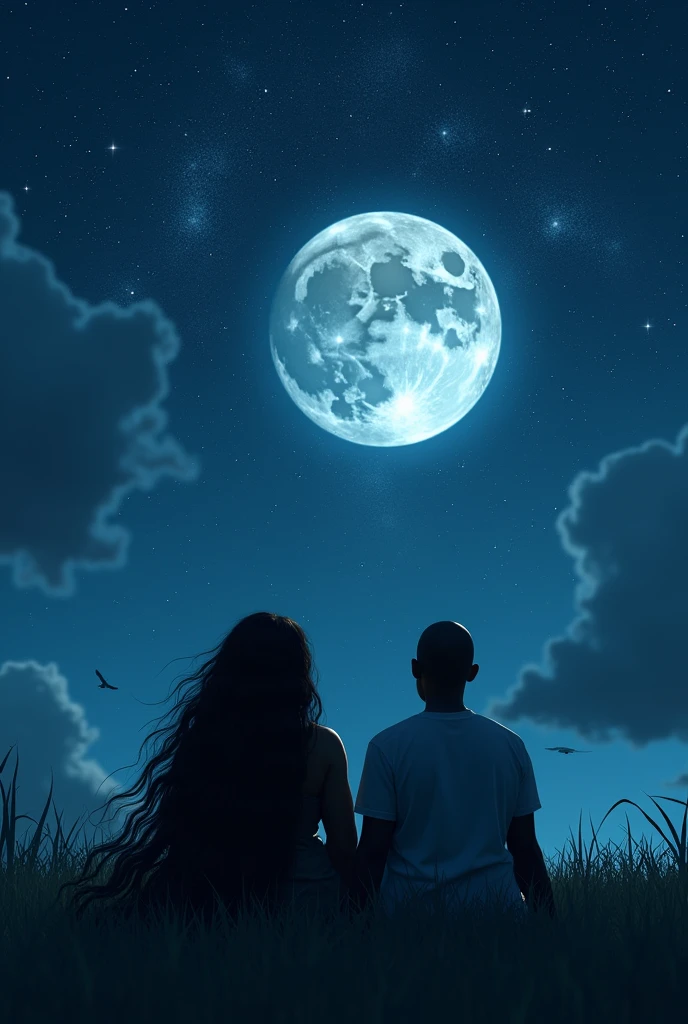 Long haired  fat  woman and Nigerian  bald man sitting on the grass looking at the sky full moon and stars