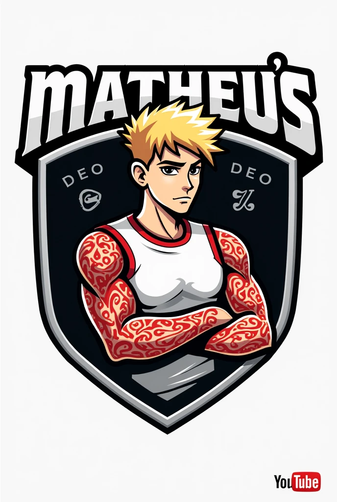 create a logo for a youtube channel, with the name Matheus's guesses , with blonde hair and his arm tattooed with red details, black andwhite, with a young and modern design with lots of details of money soccer ball