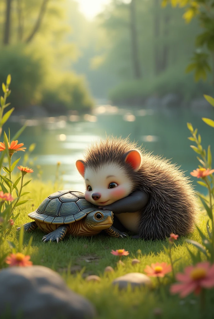 a baby porcupine and a baby turtle on the riverbank