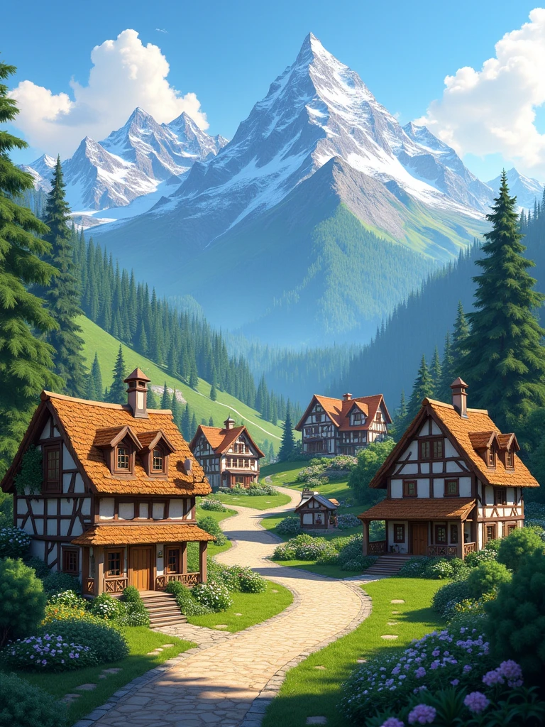 A charming small village set in a majestic mountainous landscape. Wooden houses with thatched roofs, surrounded by lush green forest. Imposing mountains in the background with snow-capped peaks. The atmosphere is peaceful and magical, with a vibrant and detailed color palette in 3D Disney Pixar style."