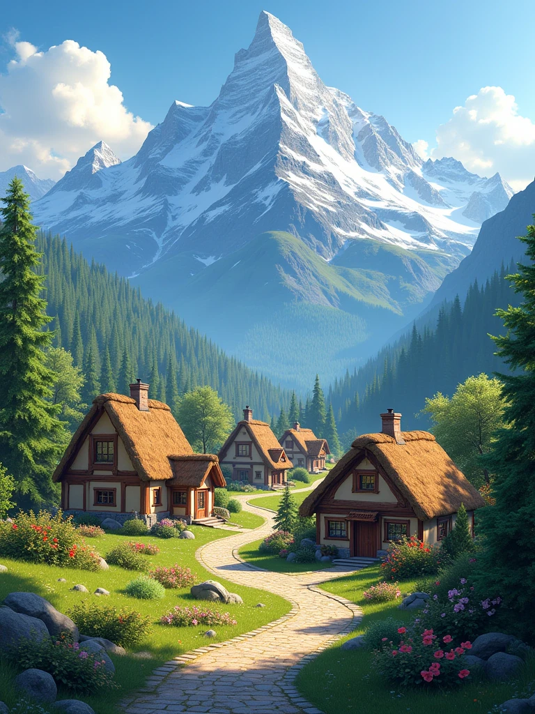 A charming small village set in a majestic mountainous landscape. Wooden houses with thatched roofs, surrounded by lush green forest. Imposing mountains in the background with snow-capped peaks. The atmosphere is peaceful and magical, with a vibrant and detailed color palette in 3D Disney Pixar style."