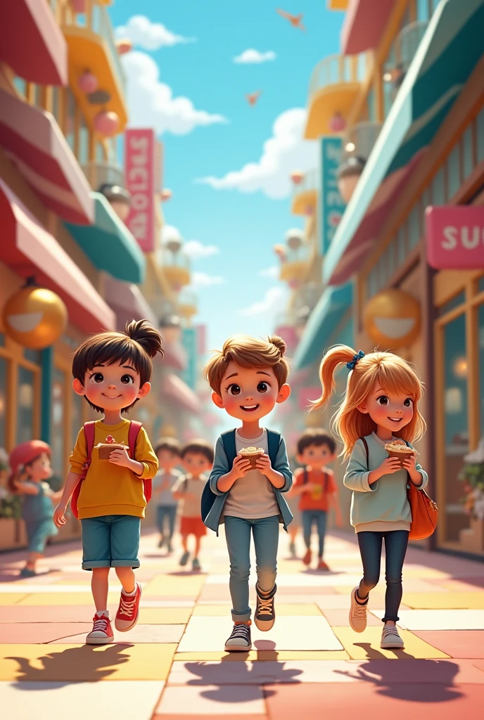 Children in a shopping mall walking and eating