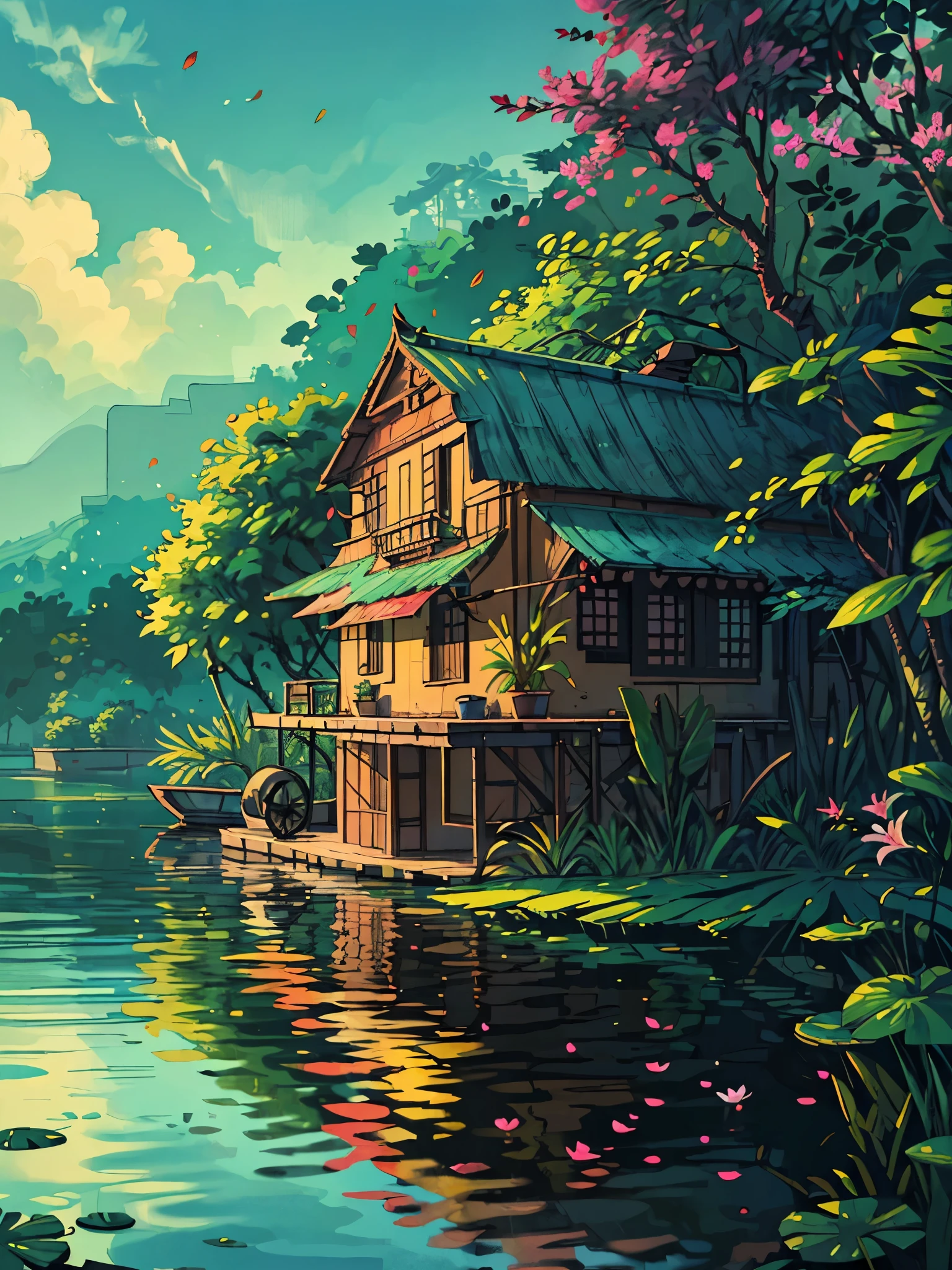 (masterpiece:1), (wide view:1.7),(beautiful backwaters of Kerala:1.8), (ripples:1.3), (daytime:1.6), (lily leaves:1.65), silence, (cocount trees:1.5), (reflection:1.5), (houseboat:1.7), (bright light:1.5), magnificent sky, (volumetric light:1.2), peaceful, (tropical:1.4), (aesthetically pleasing:1.5),(bright light:1.3), (calmness:1.3), (ambient light:1.5), (scenery:1.4), (beautiful aesthetics:1.2), (landscape:1.5), (nature:1.4) beautiful tones, subtle colors, peaceful, (illustration: 1.0), epic composition, realistic lighting, (no human:1.6), HD details, masterpiece, best quality, ,