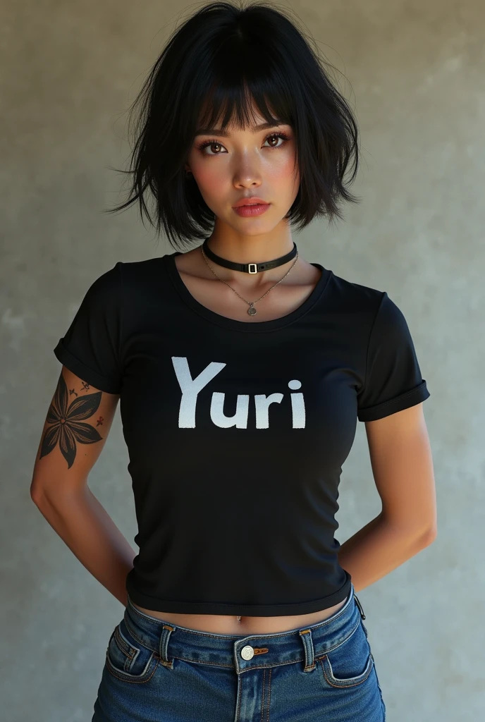 beautiful japense and hawaiian mixed girl, tattoo woman , wearing black t-shirt with Yuri written onit, blue jeans, short black hair,arms behind back, giving yakuza vibes, realistic, intricate details, hard colors