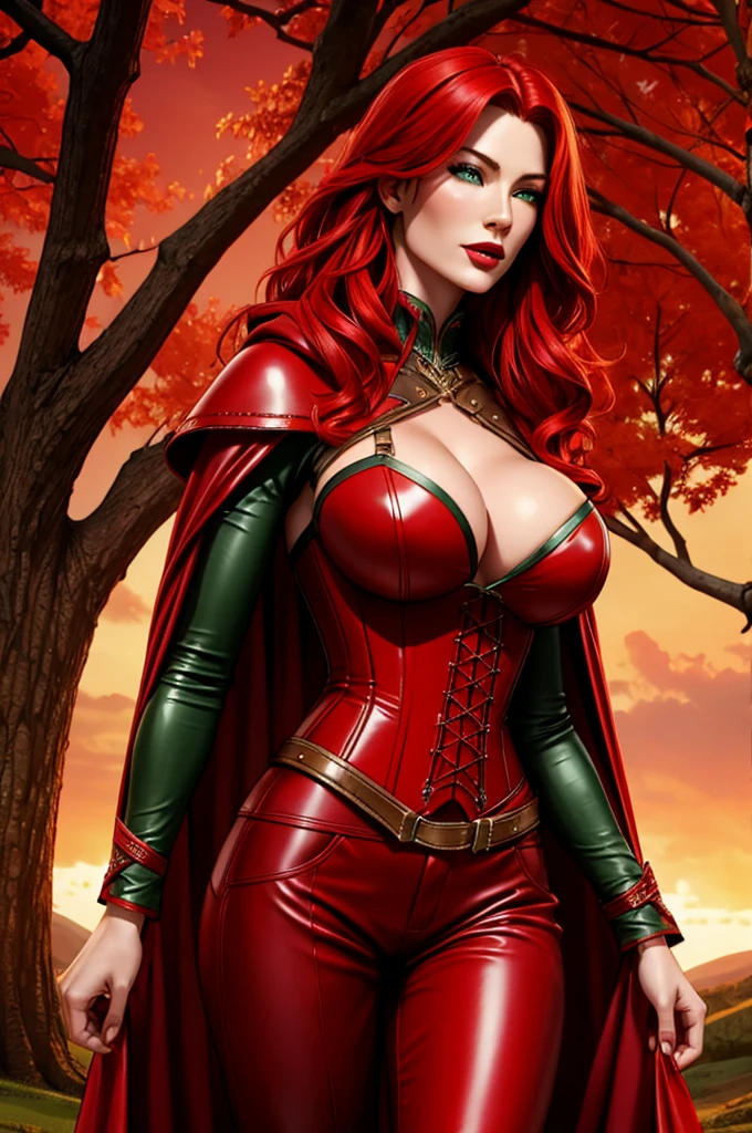 red leather corset and red cloak, in front of a majestic tree, vibrant colors. wavy red hair, cleavage, detailed face with bright red lipstick, green eyes, leather pants, Jaime Murray