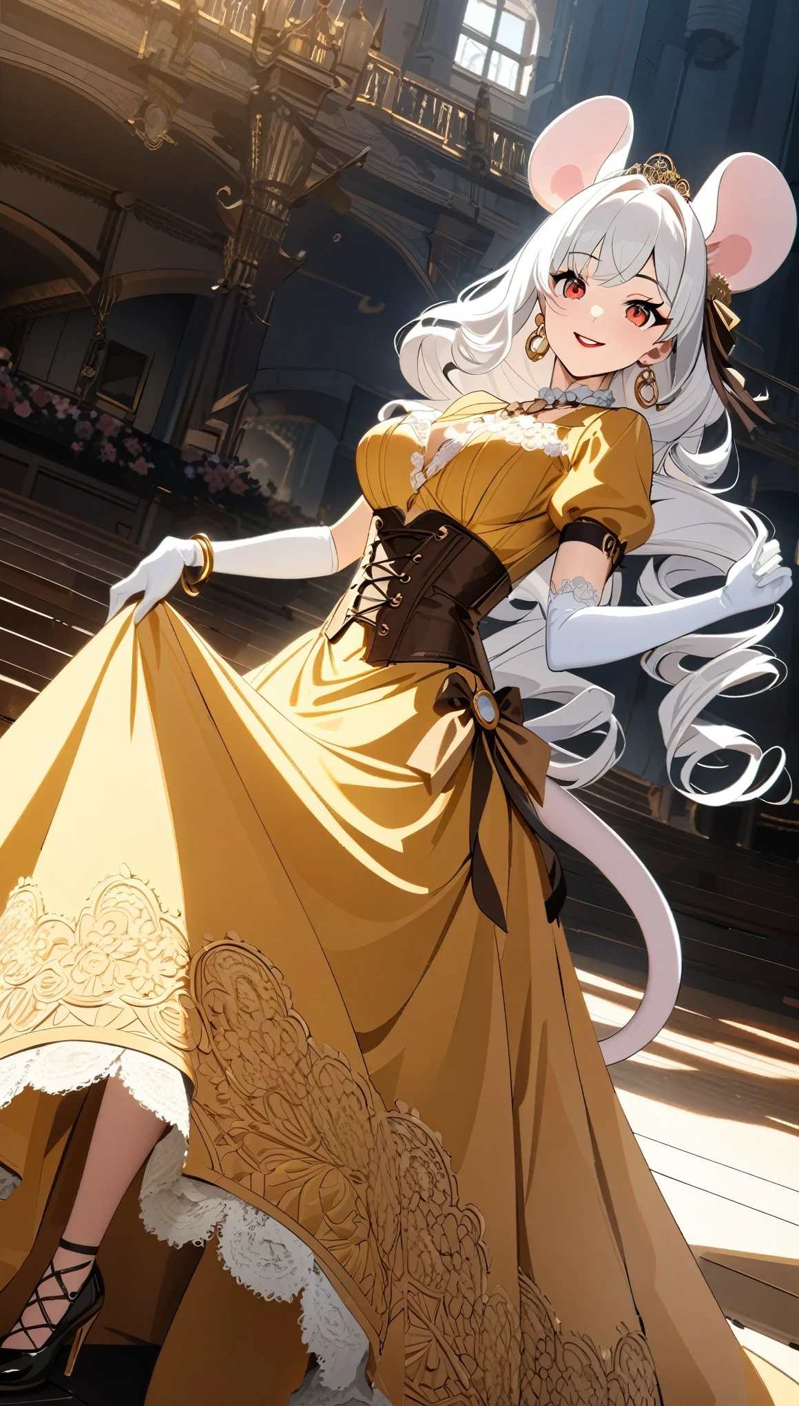 (best quality,4k,8k,highres,masterpiece:1.2), ultra-detailed, Pretty anthropomorphic mouse girl, drawn in anime style, steampunk, wearing a yellow ball gown with puffy sleeves, steampunk, gorgeous frilly dress design,flowing gown,elaborate lace details,rich textures,contrast stitching,delicate ribbon bows,floral accents, flowers embroidery, full skirt,short sleeves,fitted waistline,flared cuffs,lace-up back,luxurious fabrics,flawless silhouette, long curly white hair and red eyes, white fur, smiling, mouse ears and tail, high heels, white elbow gloves, earrings, gold bracelets, red lipstick, eyeshadow, seashell necklace, Standing in a castle ballroom in elegant pose.