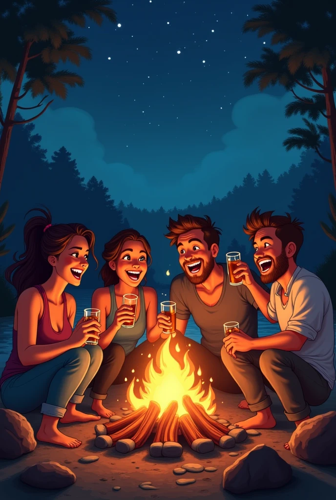 Laughing and drinking with friends while watching the bonfire at a campsite at night