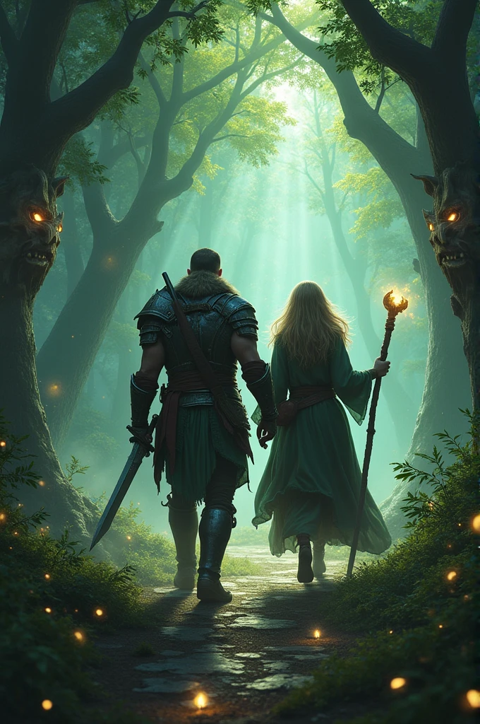 "A warrior and a mysterious sorceress travel through an enchanted forest. Trees with faces and magical lights around. The warrior has a sword, and the witch carries a staff, both moving forward with determination." super realistico 