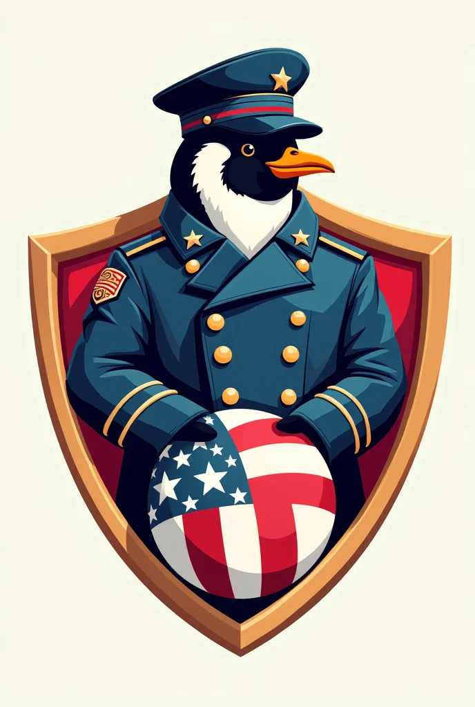 A shield of a penguin in an American uniform and an American ball that says “penguins”