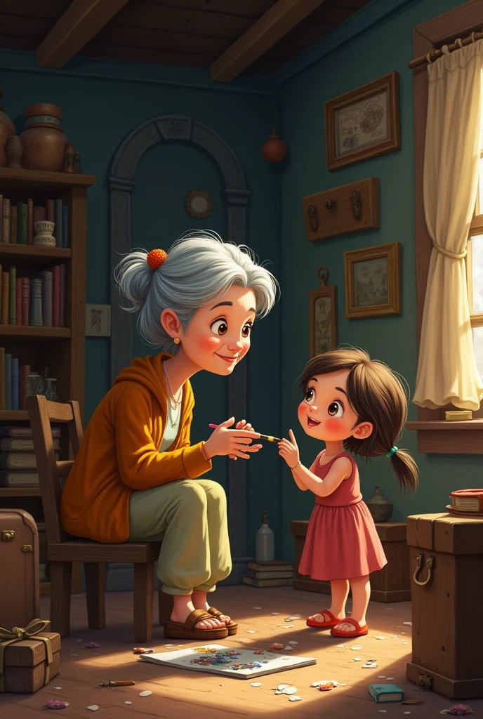 A grandmother showing a paintbrush to her granddaughter in the attic