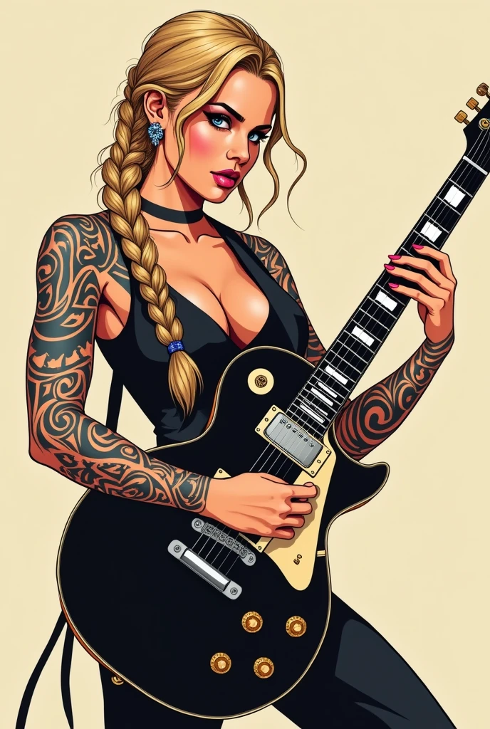 flat vector of a sexy busty viking lady, she is blond. her hair is braided. She has viking tatoos. she is playing a gibson les paul