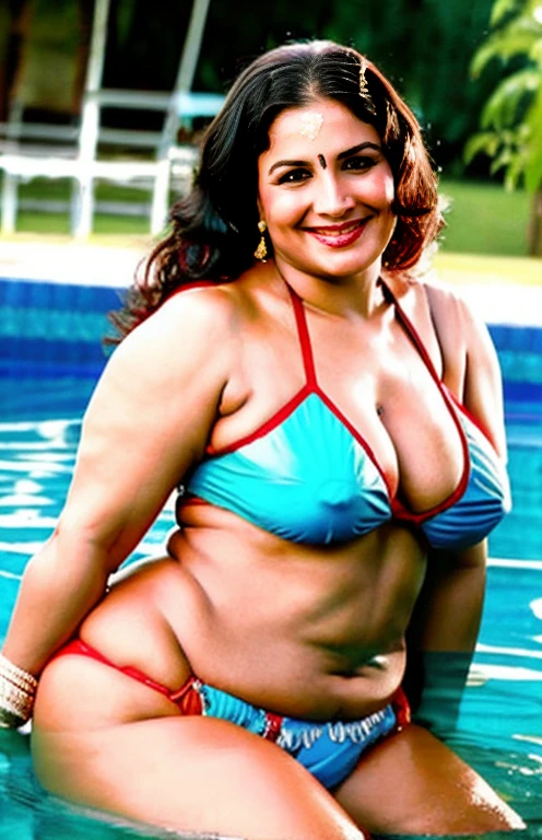 milf woman jaya,micro bikini in pool, posing her hot milf figure to camera , fleshy figure,cougar lady , extremely gorgeous, heavy physique, voluptuous, curvy, sexy figure, glowing eyes,happy charming face,