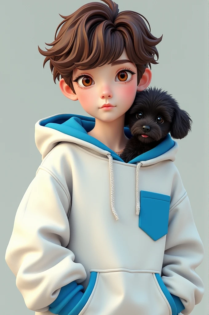 One with brown Wolf cut hair, brown eyes and wearing a white sweatshirt with cyan blue details with a cute black mini toy poodle dog by his side