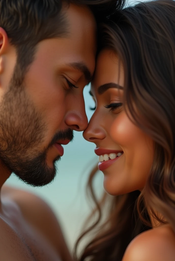 can make a couple, their faces are close together and you can't see from the neck down. Don't show your faces. He has shaved and light hair., she has tanned skin and brown wavy hair.