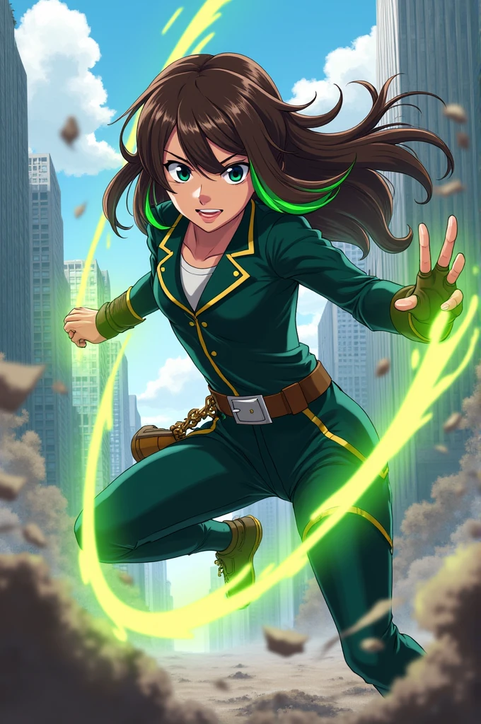 A brown-haired girl with green streaks dressed in the MHA uniform fighting