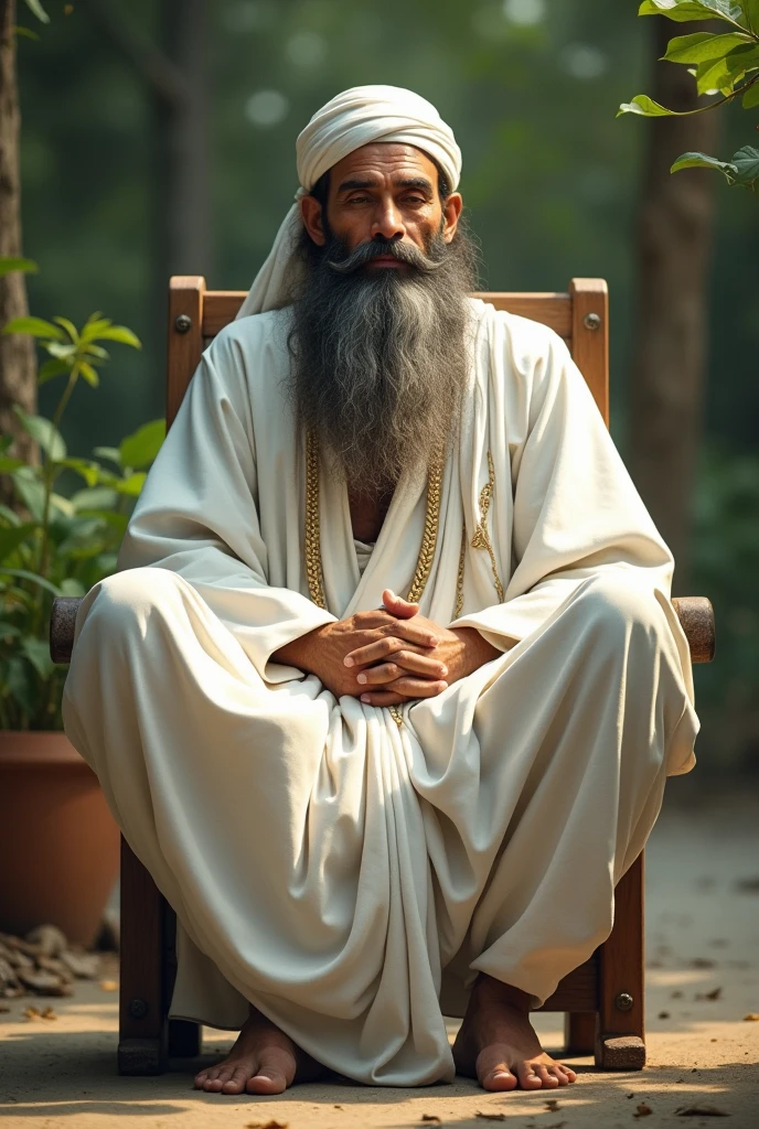 Fakir with beard wearing white clothes sitting in a chair in open area. 
