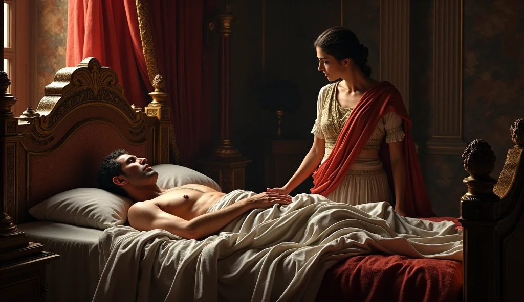 Ancient Rome, setting: Augustus's luxurious bedroom, character: Augustus lying in bed looking pale and weak, character: Livia Drusila, dressed in an elegant Roman tunic, standing beside him, expression: worried but determined, lighting: dim, dramatic shadows, historical accuracy: high, mood: ominous, tension-filled atmosphere.