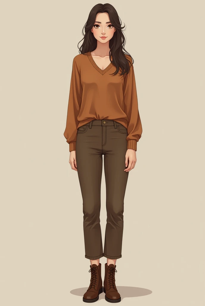 Brown v neck top, brown pant and brown boots wearing a girl