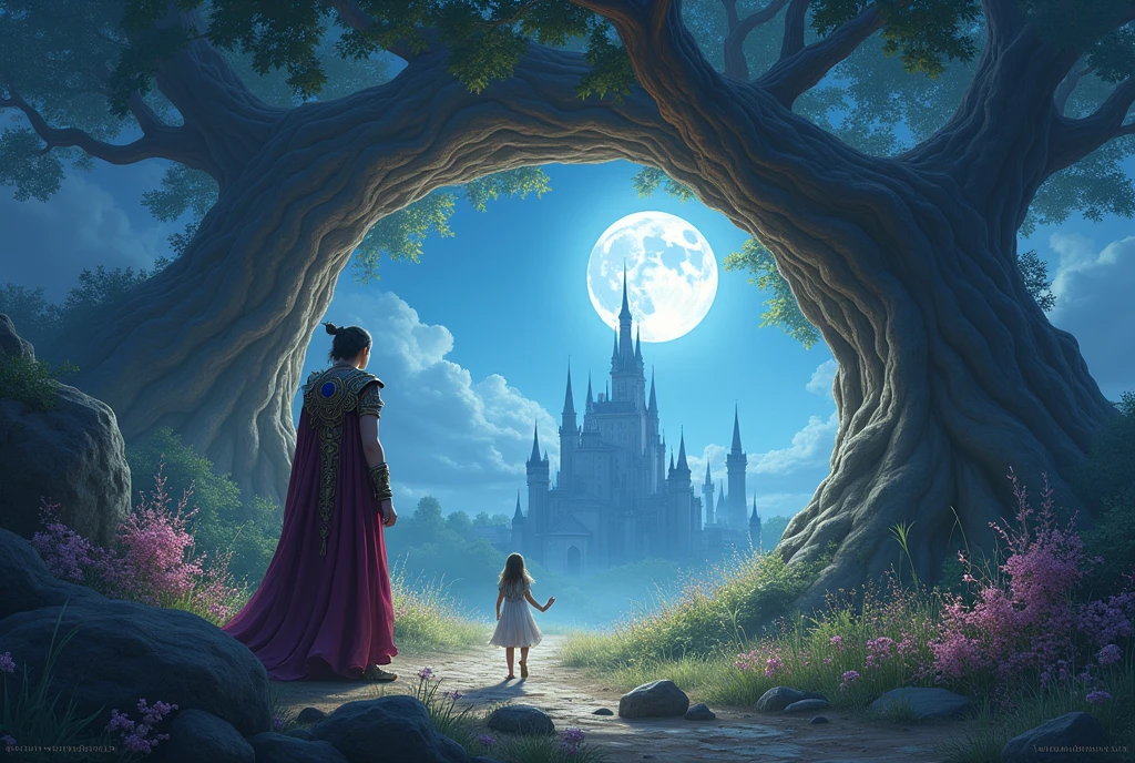 A girl who goes on an adventure in the moonlit land with a werewolf king dressed in an ancient warrior costume. There is a palace in this land and a dimensional gate under the roots of a giant tree. There are two moons in the sky. I want it to be a fantasy novel and a horizontal picture.