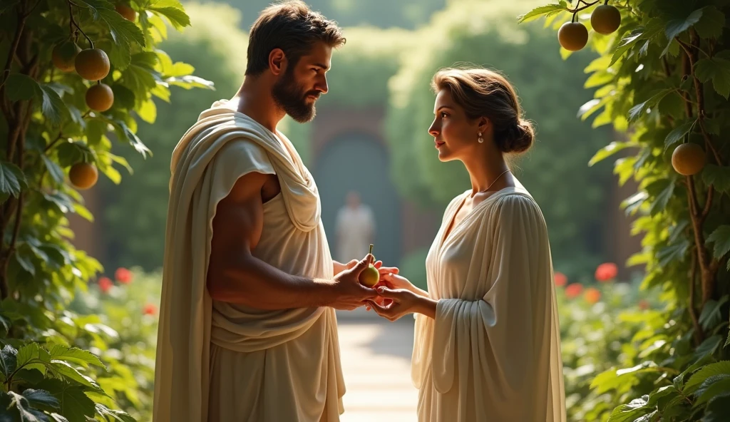 Roman palace gardens, character: Augustus, in a toga, standing near a fig tree, character: Livia Drusila, offering a fig to Augustus with a seemingly innocent smile, expression: subtle but calculating, historical accuracy: high, mood: calm but with a hidden tension.