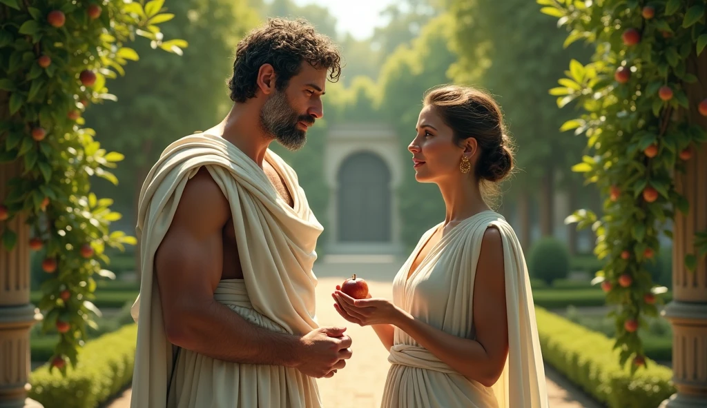 Roman palace gardens, character: Augustus, in a toga, standing near a fig tree, character: Livia Drusila, offering a fig to Augustus with a seemingly innocent smile, expression: subtle but calculating, historical accuracy: high, mood: calm but with a hidden tension.