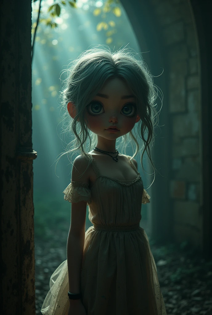 Vibrant, analog photo style, depths of field, (cute woman with big doll's eyes, messy grey hair, surrounded by a dark horrible antique setting), (don't be afraid of the night, be afraid of those you might meet at night), (her full body is a visual pleasure), extremely sexy, gloomy dark atmosphere, deep shadows with the some sun rays, a delicate balance between beauty and darkness, faded colours, great quality, Masterpiece, blurred gloomy background, naturally cinematic light, 16k quality, kodak porta 400, bokeh.